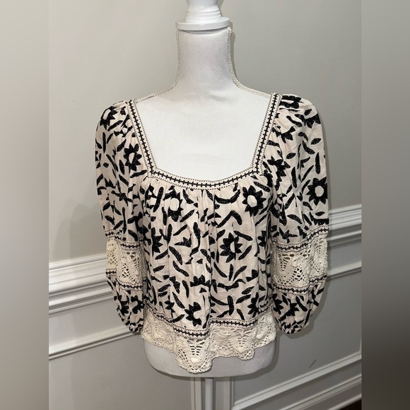 Christian Siriano Boho Linen Blend Crochet Trim Top Sz S - Picture 3 of 10